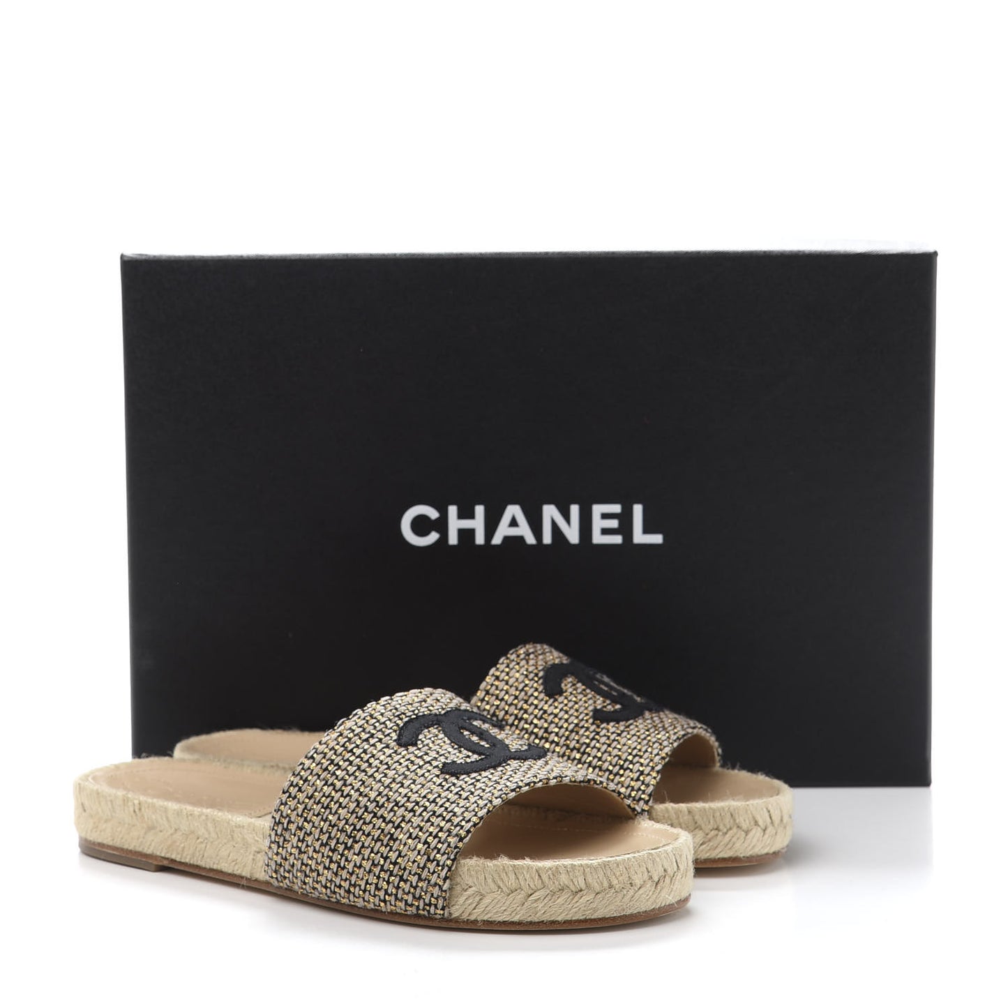 Metallic Tweed CC Espadrille Slip On Sandals 36 Beige Black
