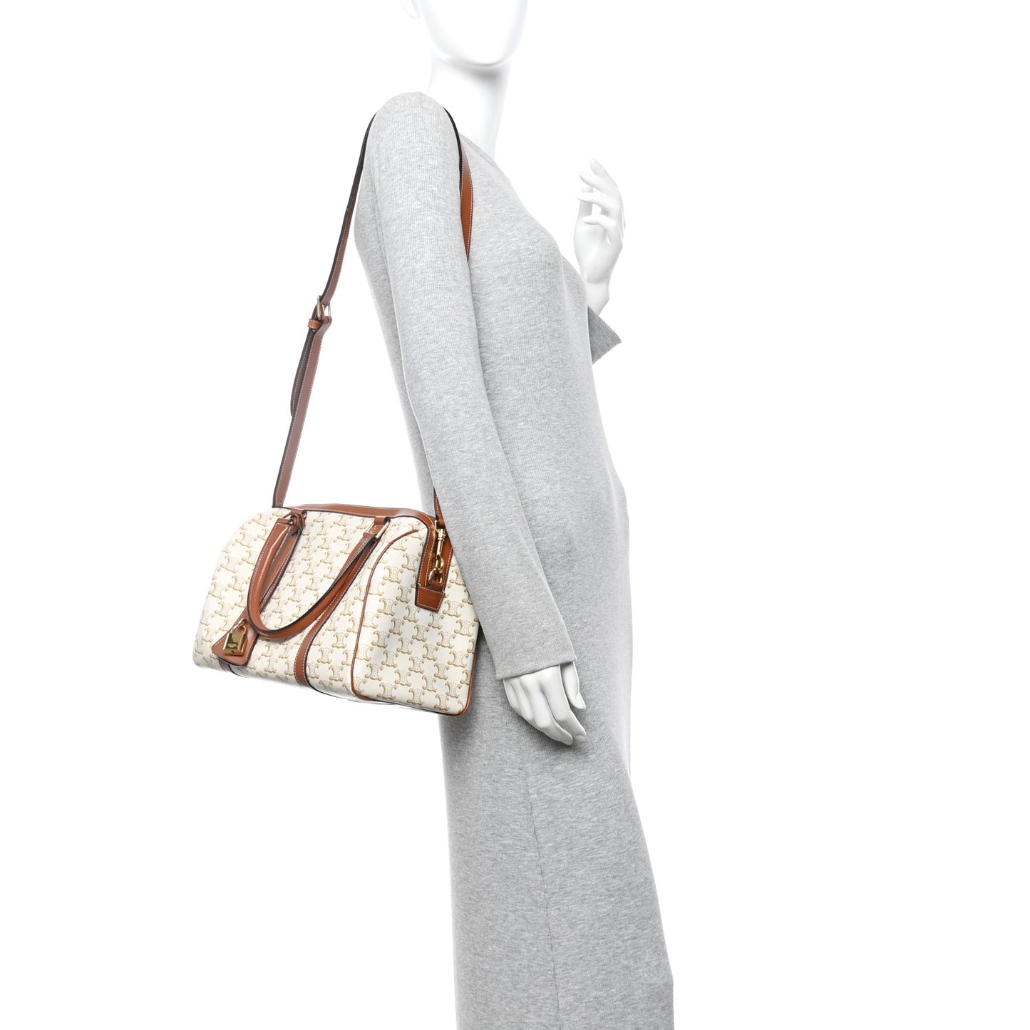 Triomphe Canvas Calfskin Boston Bag White
