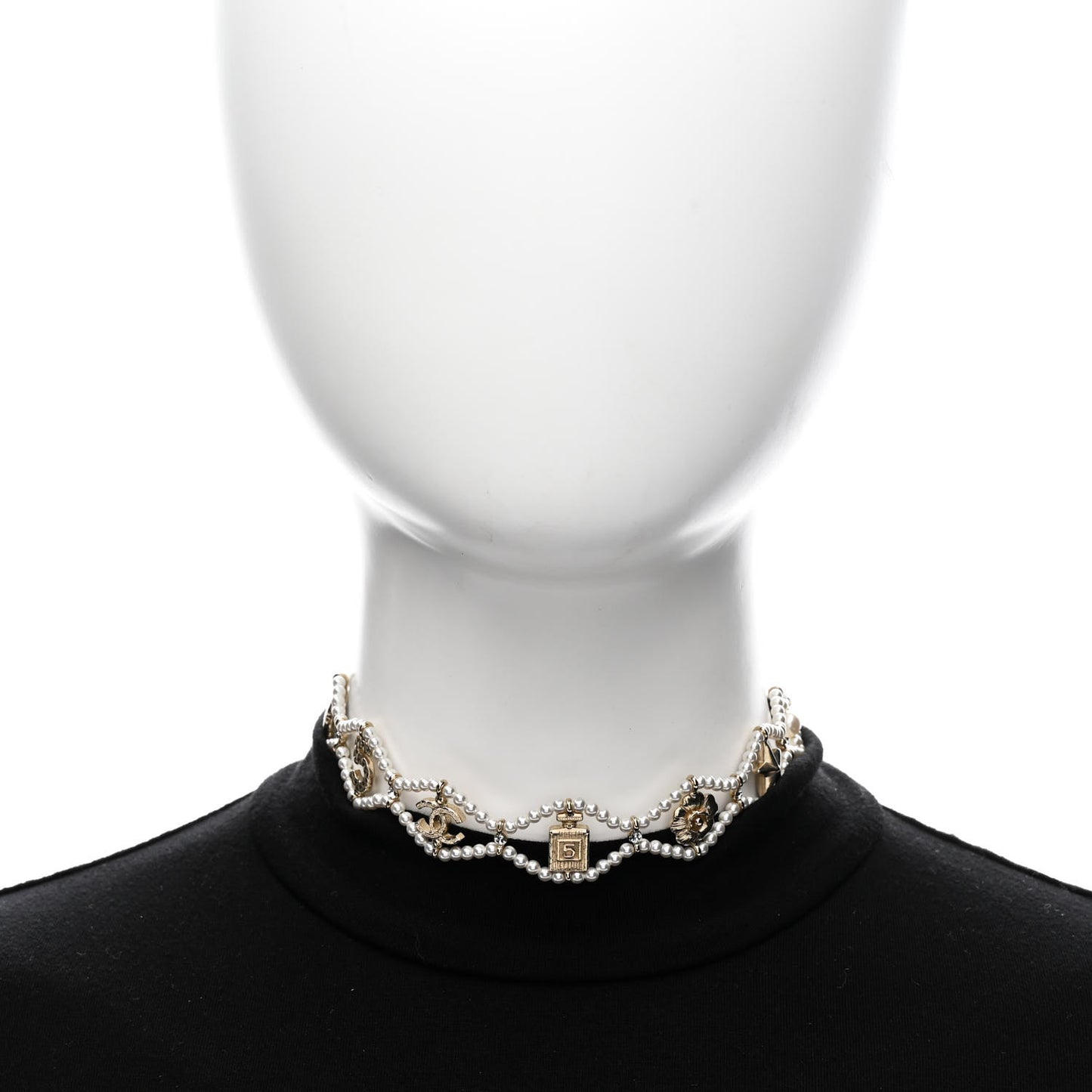 Pearl Crystal CC No 5 Perfume Bottle Choker Necklace Gold