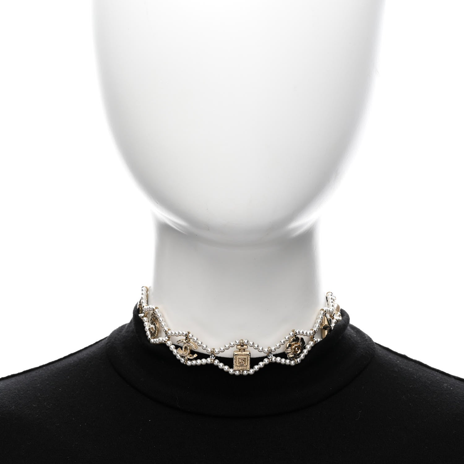 Chanel Pearl Crystal CC No 5 Perfume Bottle Choker Necklace Gold 2 of 6