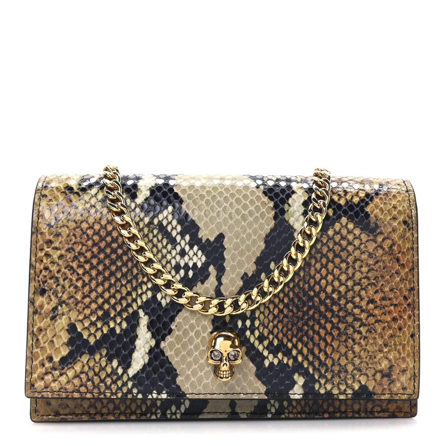 Calfskin Snakeskin Embossed Skull Mini Crossbody Bag Brown