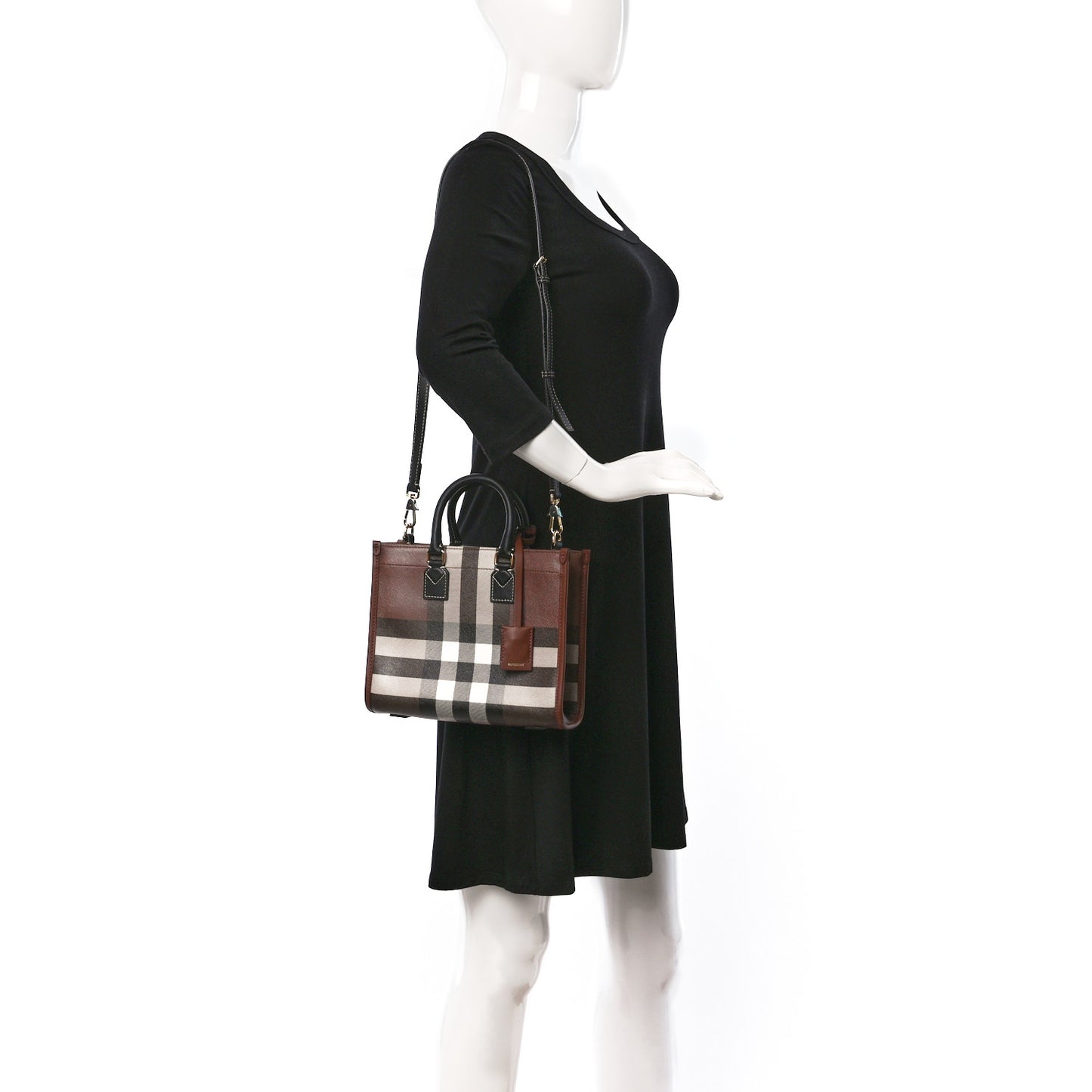E-Canvas Check Calfskin Mini Freya Tote Dark Birch Brown