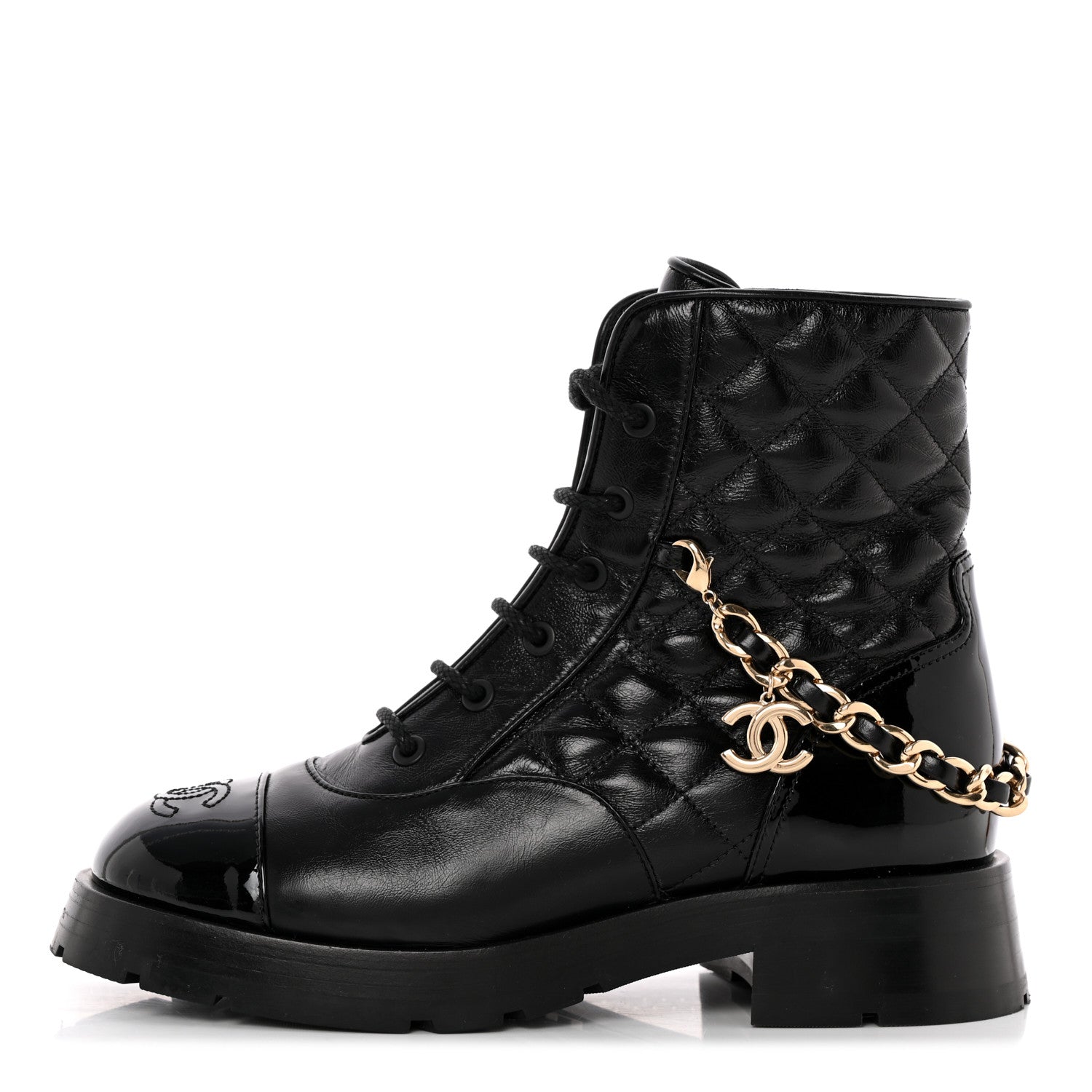 Chanel Shiny Calfskin Patent Quilted Chain Lace Up Combat Boots 37 Black 1 of 15