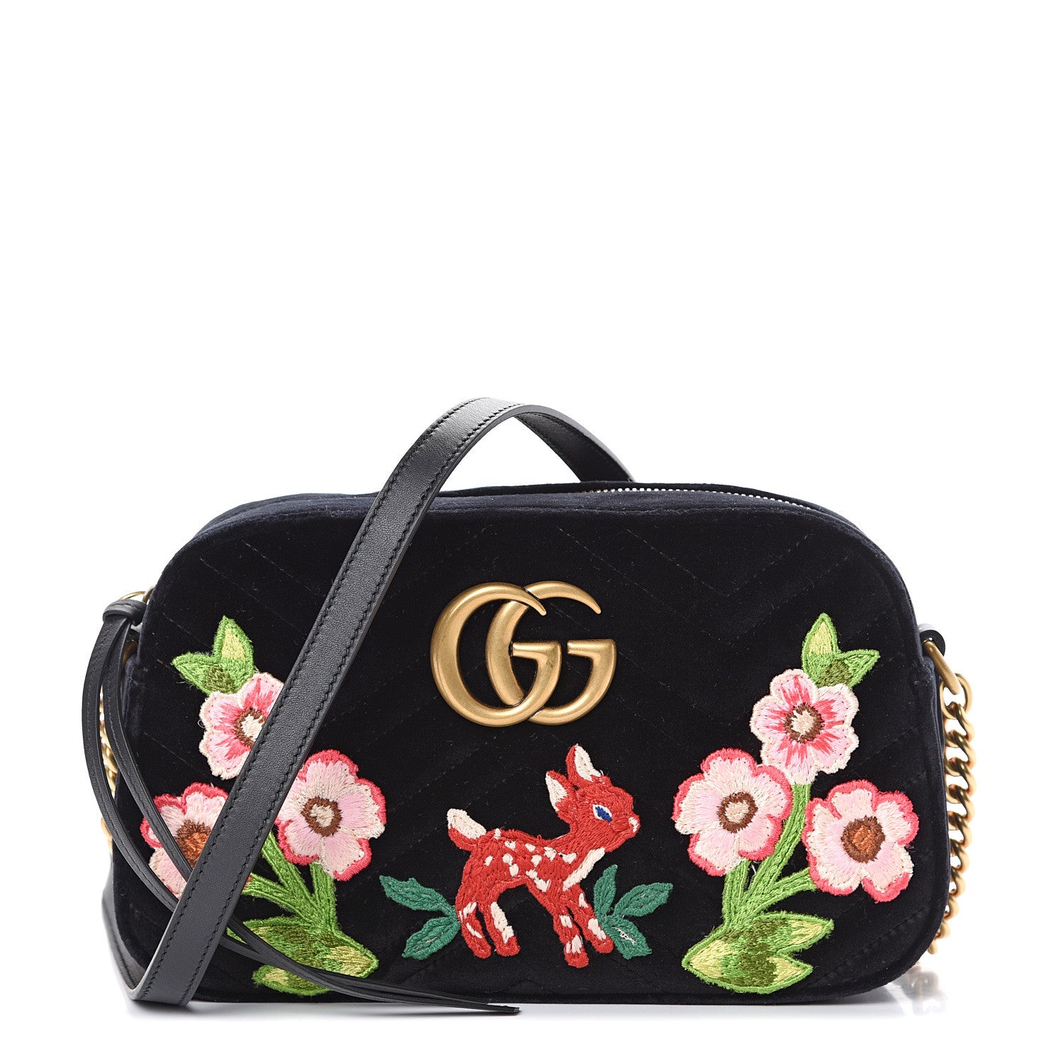 Gucci Velvet Matelasse Deer Embroidered Small GG Marmont Chain Shoulder Bag Black 1 of 10