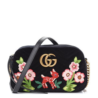 Gucci Velvet Matelasse Deer Embroidered Small GG Marmont Chain Shoulder Bag Black 1 of 10