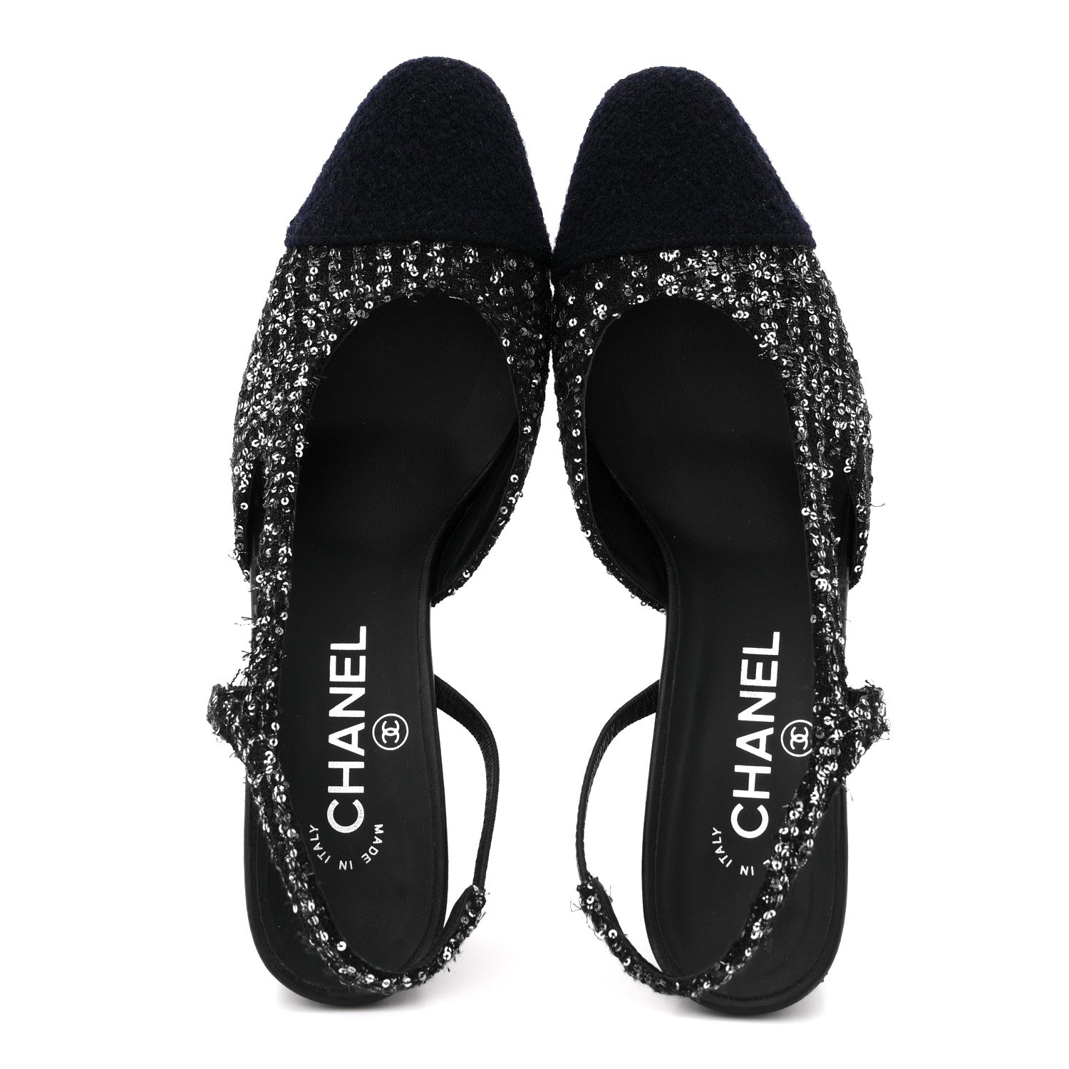 Chanel Tweed Sequin Cap Toe CC Slingback Pumps 38 Black White