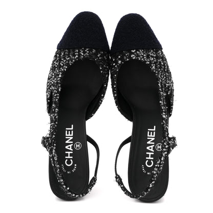 Chanel Tweed Sequin Cap Toe CC Slingback Pumps 38 Black White Silver 2 of 14
