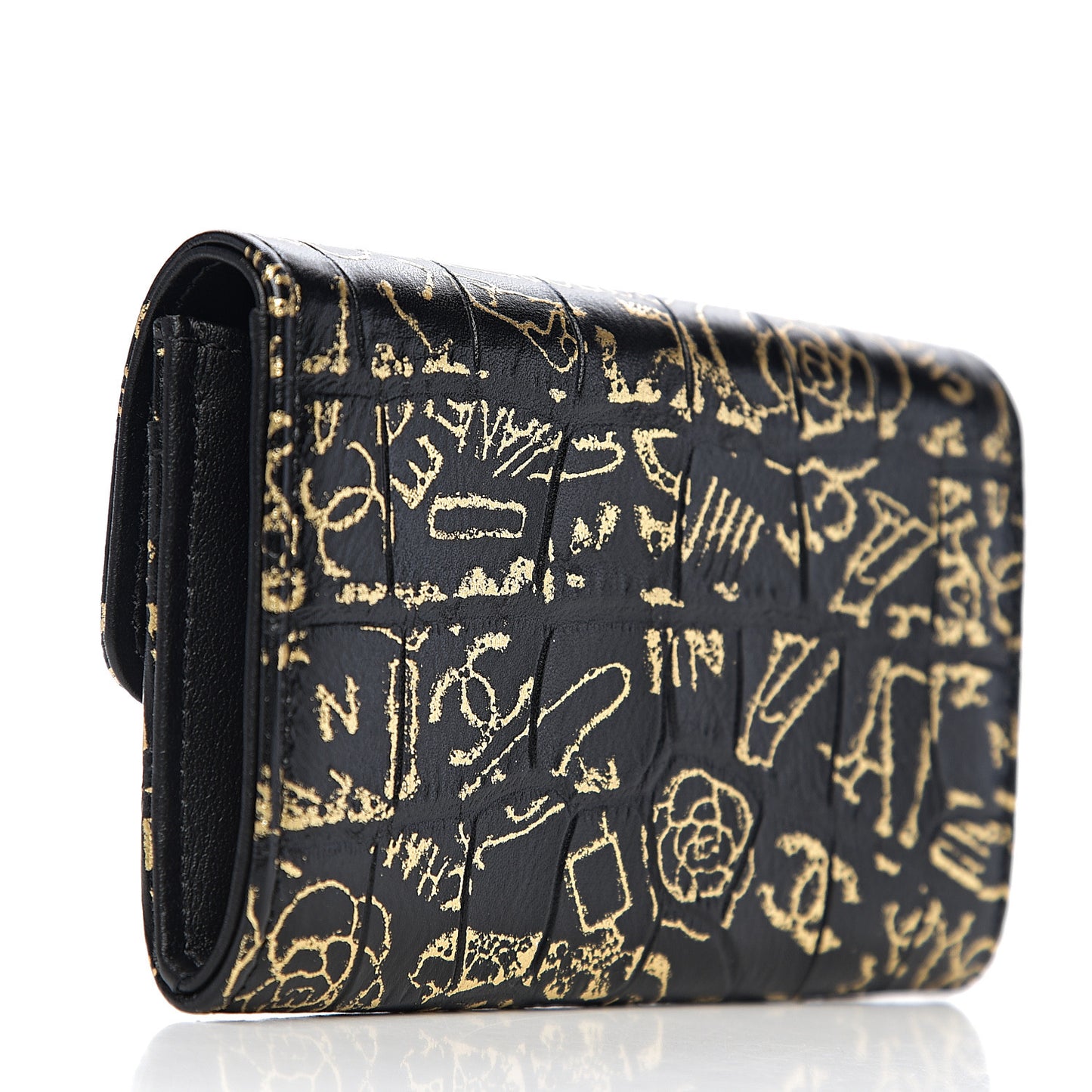 Calfskin Crocodile Embossed Graffiti Cocodile Reissue Card Holder Wallet Black Gold
