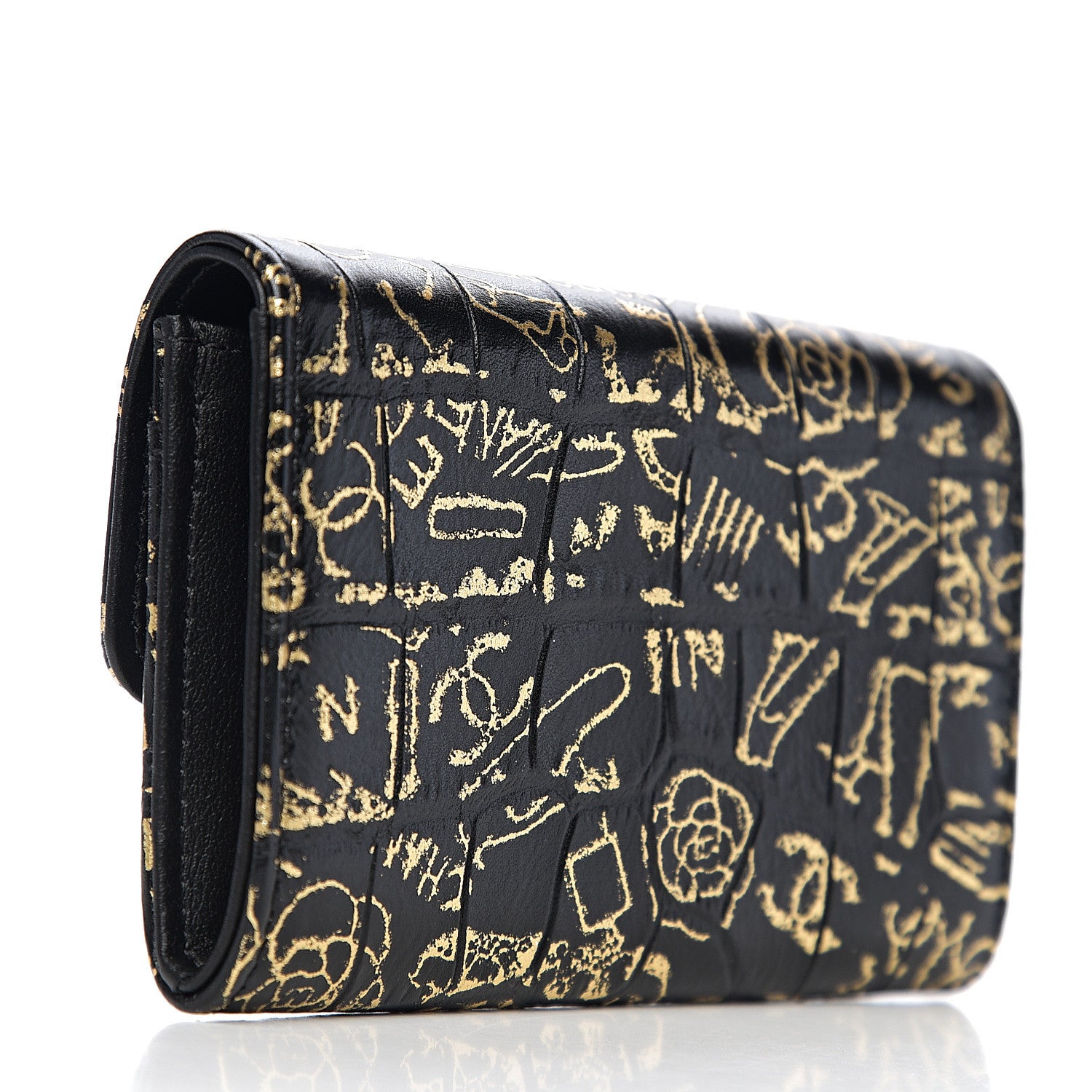 Chanel Calfskin Crocodile Embossed Graffiti Cocodile Reissue Card Holder Wallet Black Gold 2 of 8