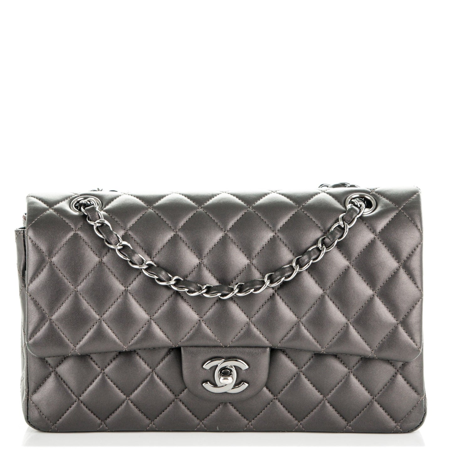 Metallic Lambskin Quilted Medium Double Flap Dark Grey