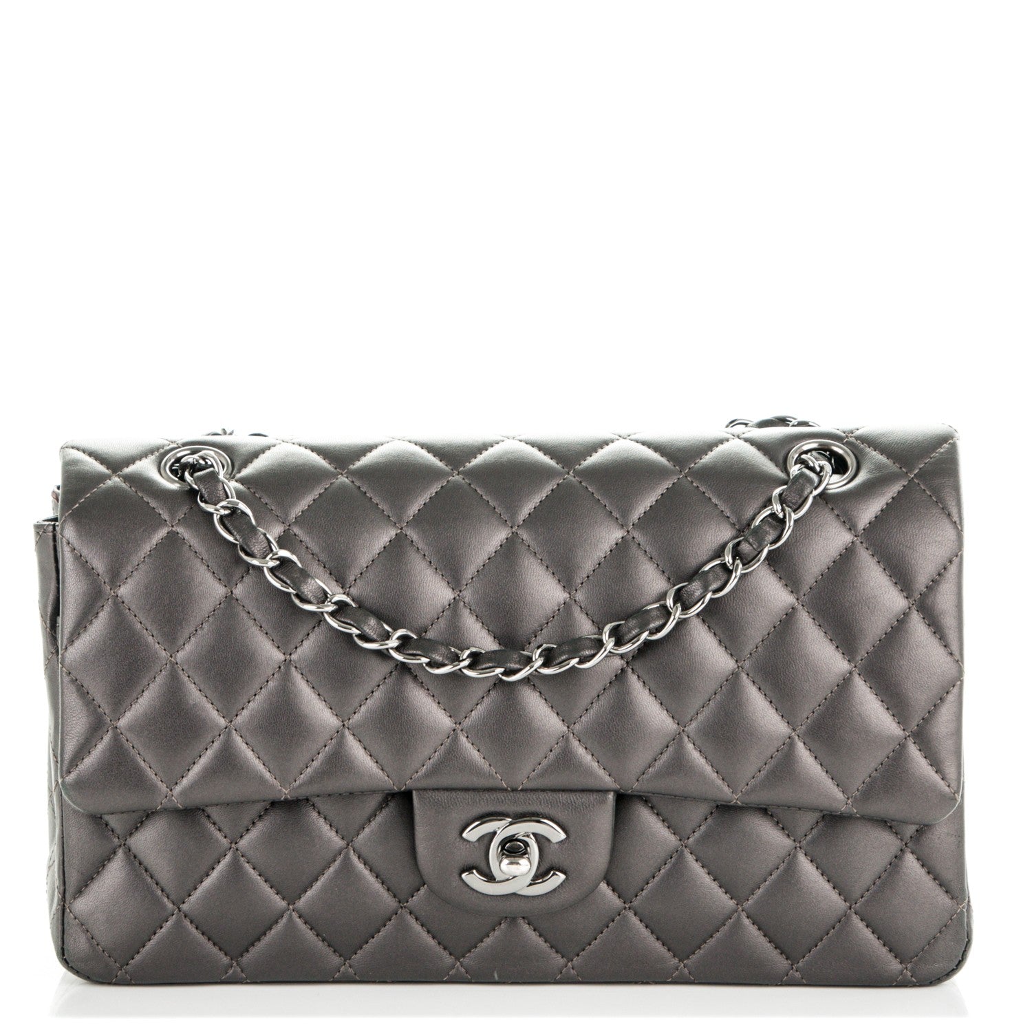 Chanel Metallic Lambskin Quilted Medium Double Flap Dark Grey 1 of 7