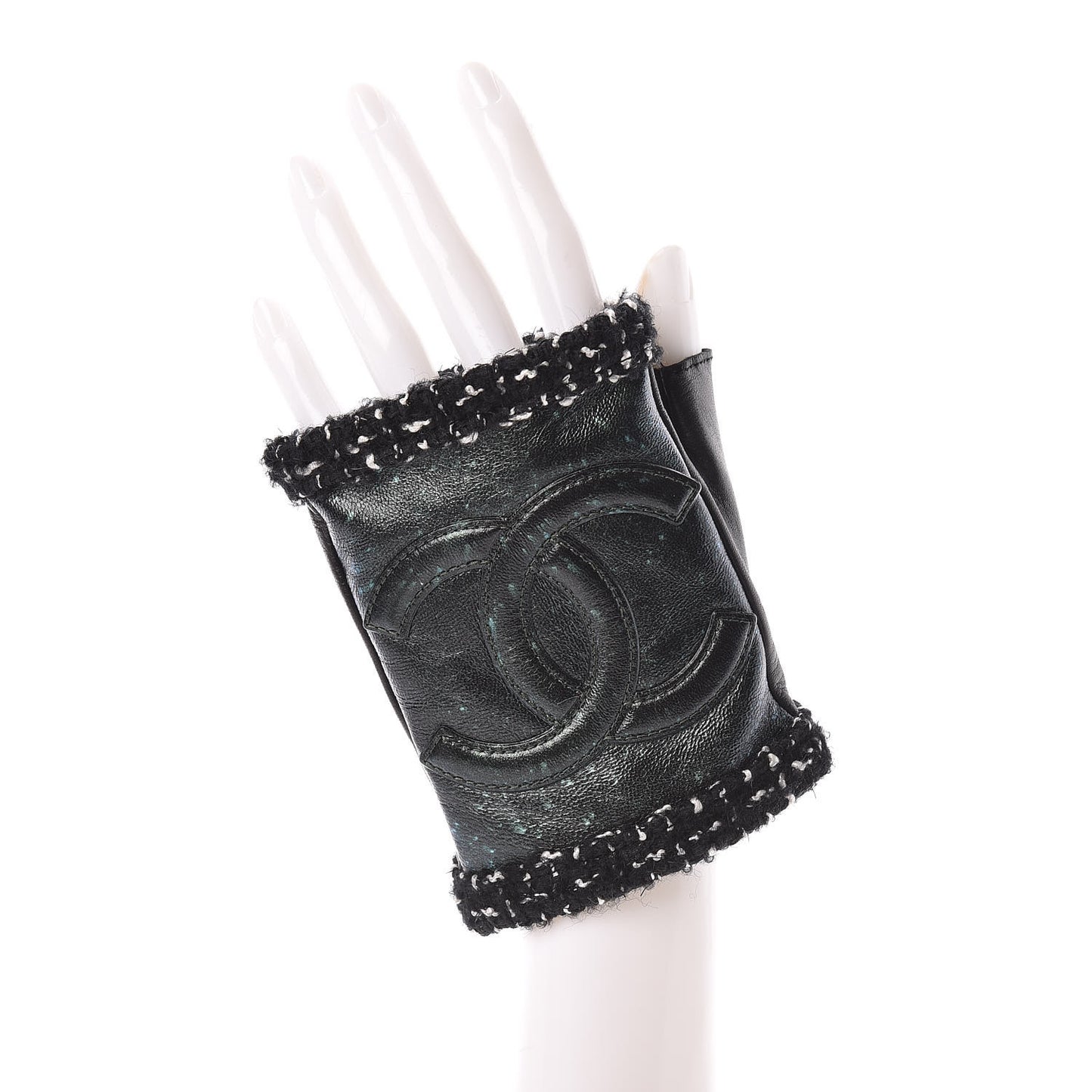 Metallic Lambskin Tweed CC Fingerless Gloves 8 Black Green