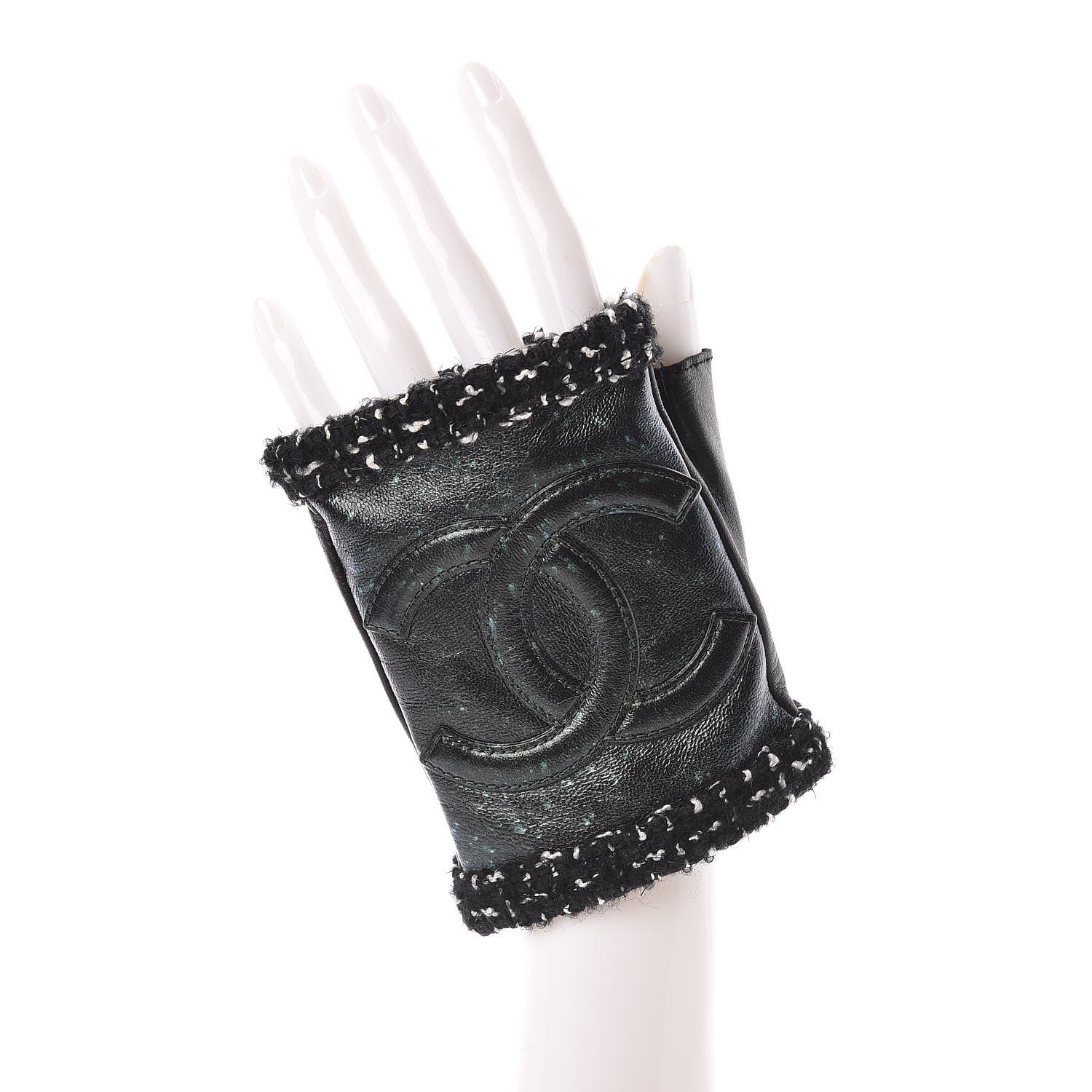 Chanel Metallic Lambskin Tweed CC Fingerless Gloves 8 Black Green 2 of 6