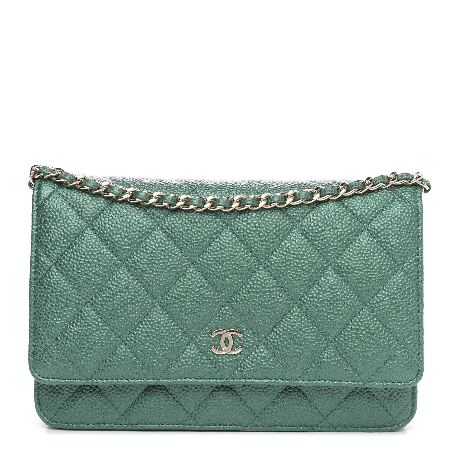 Chanel Metallic Caviar Quilted Wallet On Chain WOC Green 1 of 11