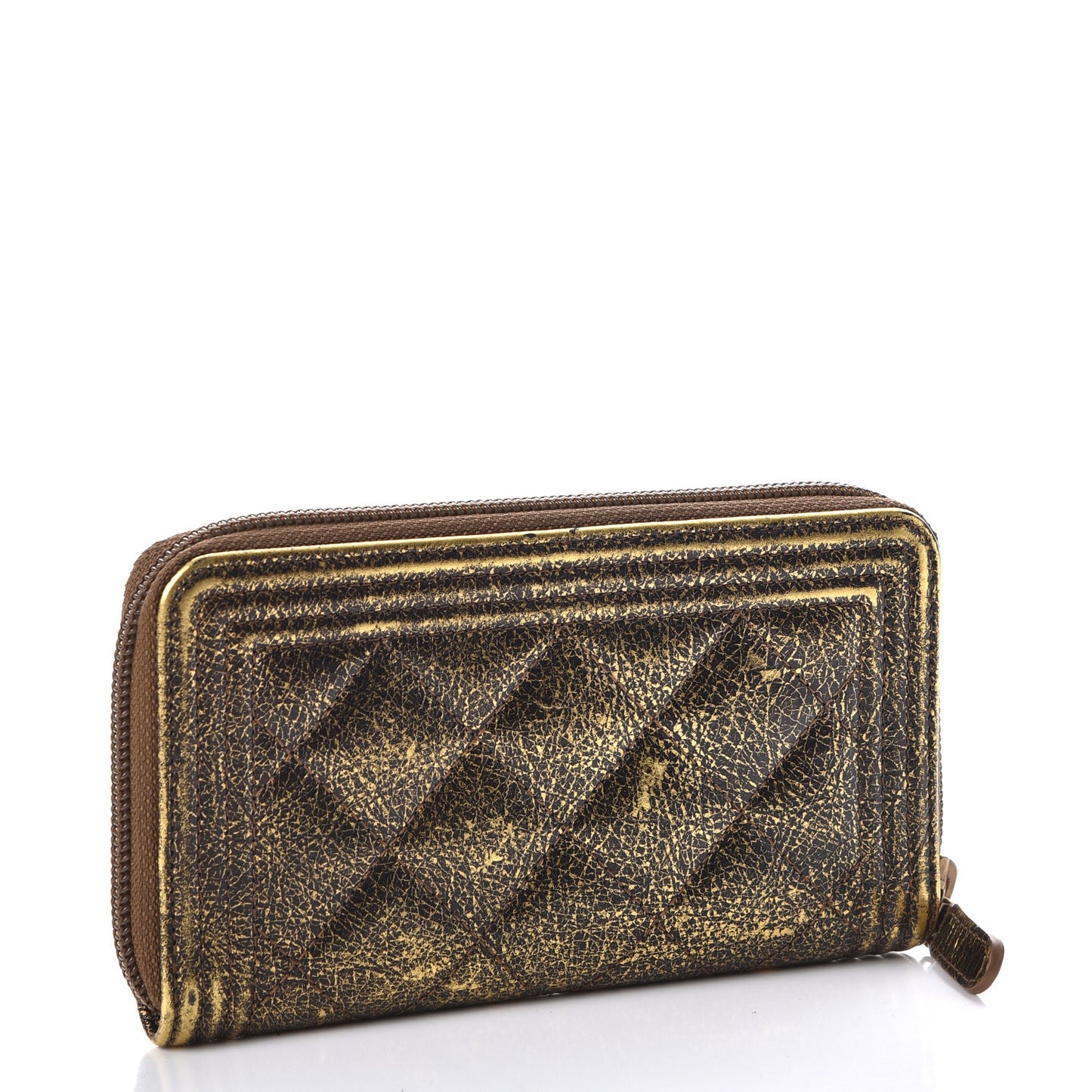Cracked Metallic Calfskin Quilted Small Boy Zip Around Wallet Gold