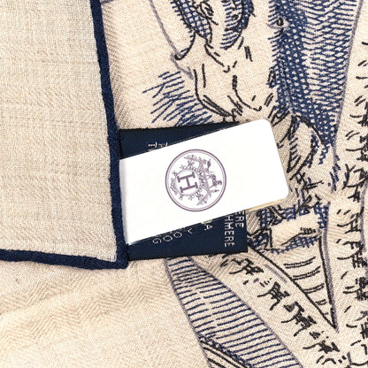 Hermes Cashmere Silk Grand Theatre Nouveau Shawl 140 Naturel Marine Black 3 of 3