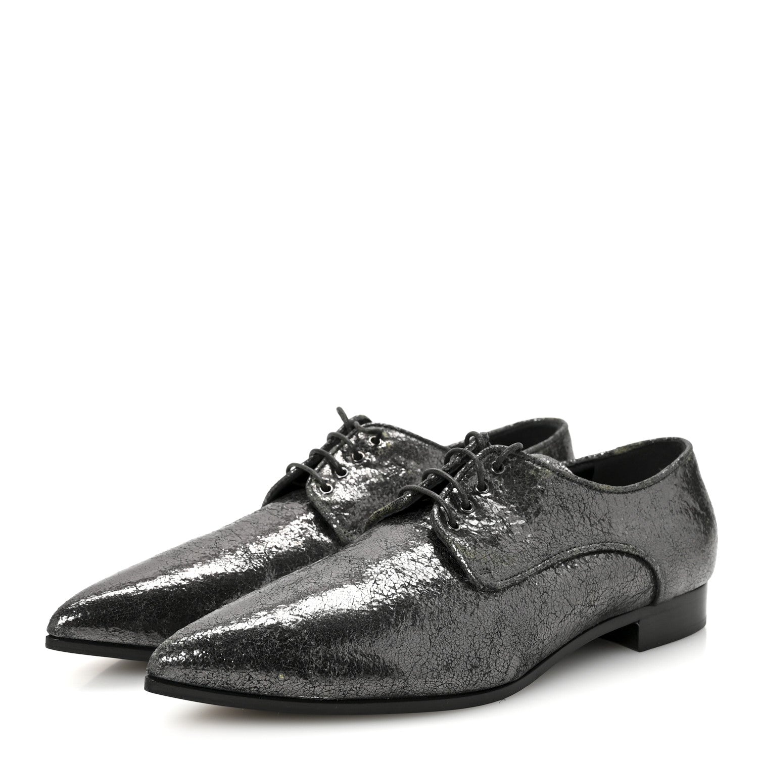 Miu Miu Metallic Crinkled Patent Lace Up Oxford Flats 37.5 Dark Silver 4 of 9