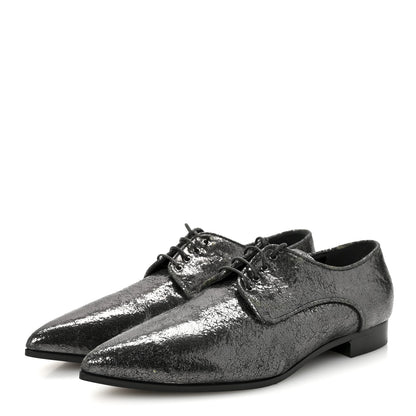 Miu Miu Metallic Crinkled Patent Lace Up Oxford Flats 37.5 Dark Silver 4 of 9
