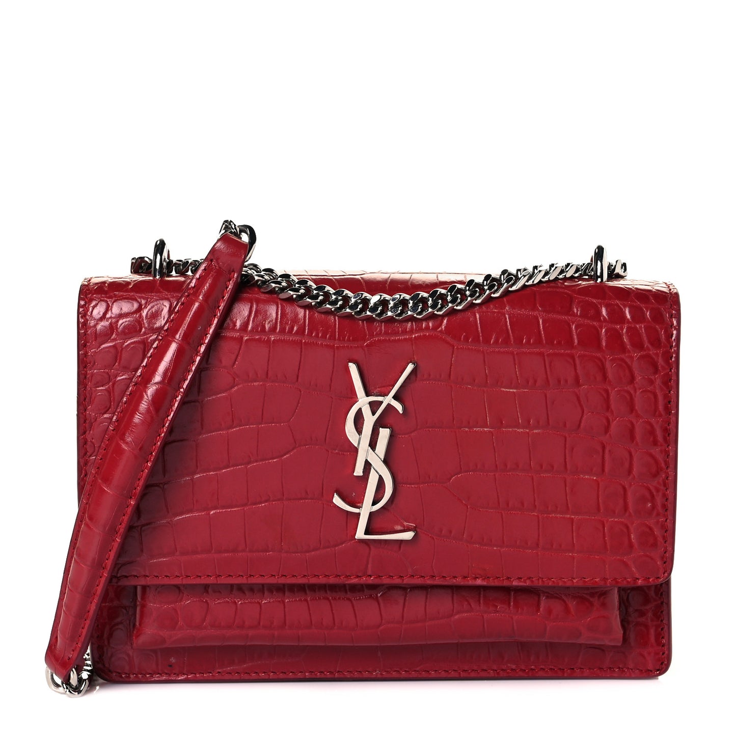 Calfskin Crocodile Embossed Monogram Sunset Chain Wallet New Lipstick Red