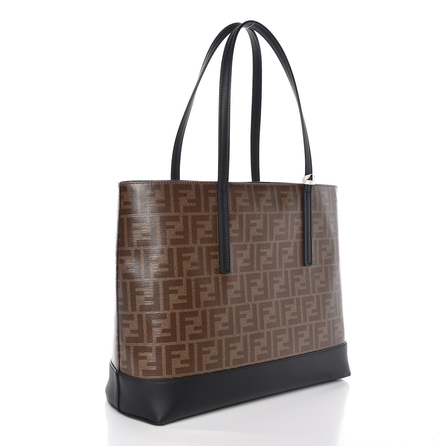 Fendi Glazed Fabric Vitello Century FF 1974 Stamp Patch Shopping Tote Mogano Panna Black 3 of 9