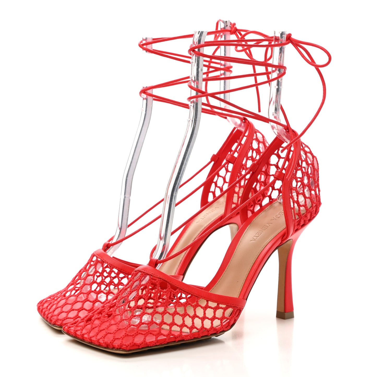 Mesh Nappa Stretch Ankle Tie Sandals 38 Tomato