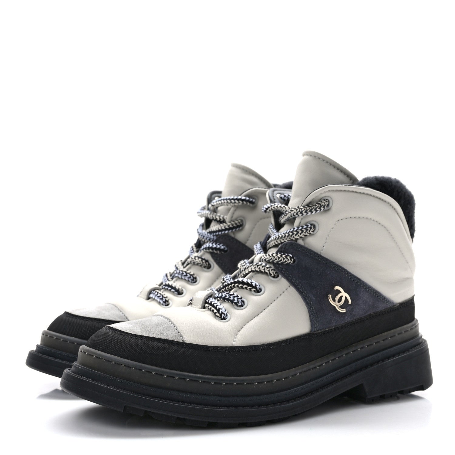Chanel Lambskin Shearling Suede CC High Lace Up Boots 39 Grey Black 3 of 10