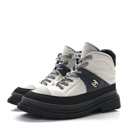 Chanel Lambskin Shearling Suede CC High Lace Up Boots 39 Grey Black 3 of 10
