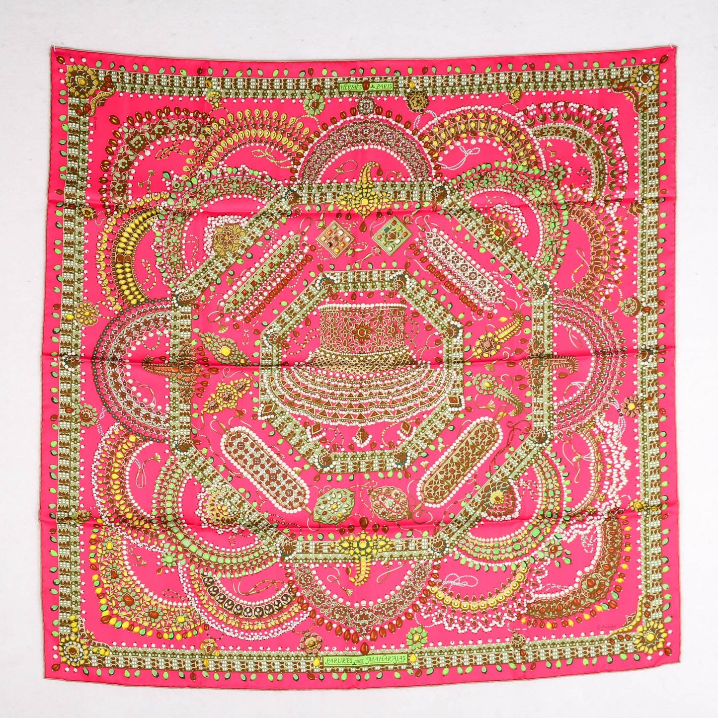 Silk Parures Des Maharajas Scarf 90 Rose Indien Kaki Chartreuse