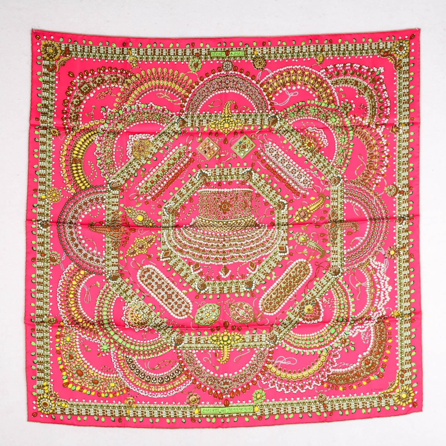 Hermes Silk Parures Des Maharajas Scarf 90 Rose Indien Kaki Chartreuse 2 of 6