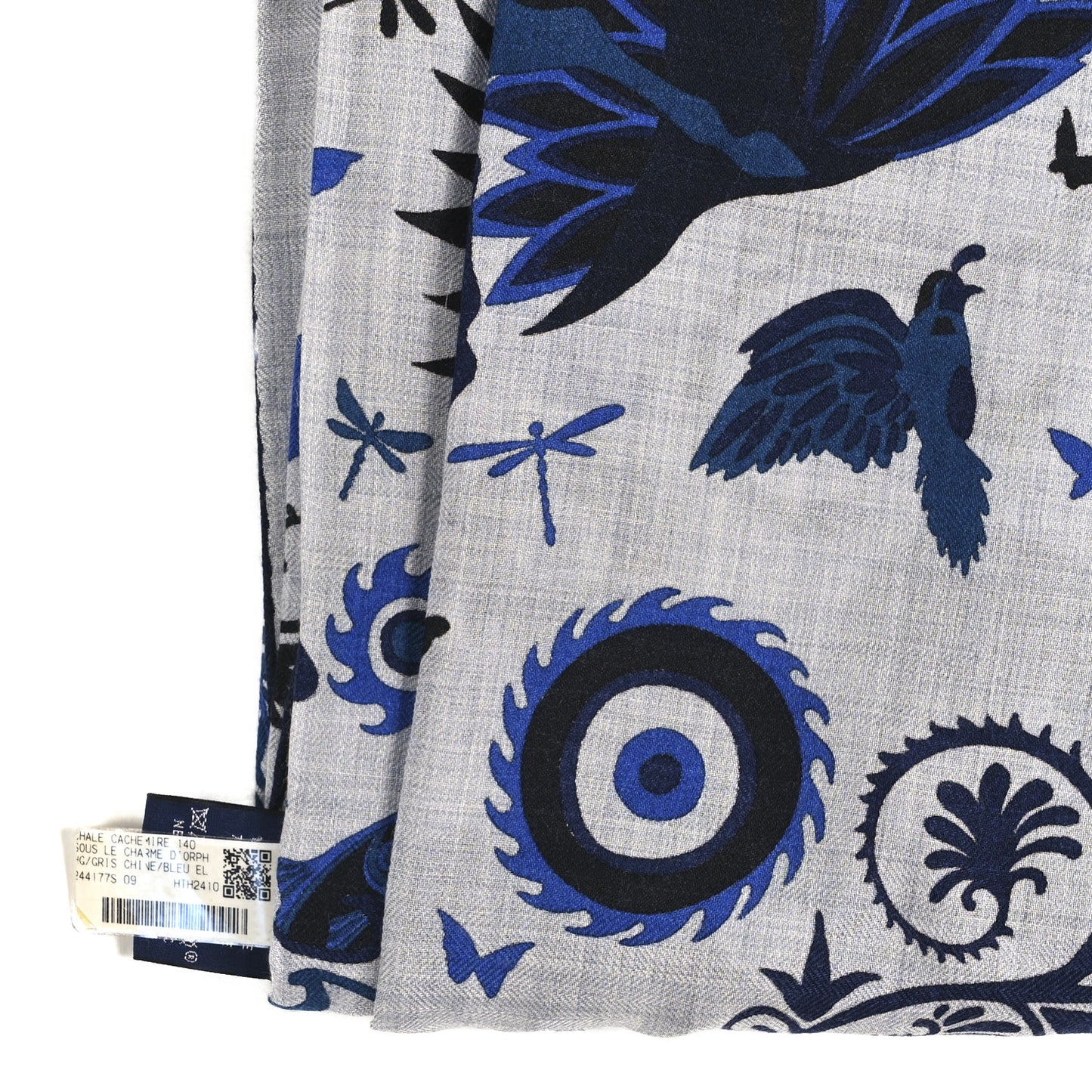 Cashmere Silk Sous Le Charme d'Orphee Shawl 140 Gris Chine Bleu Electrique