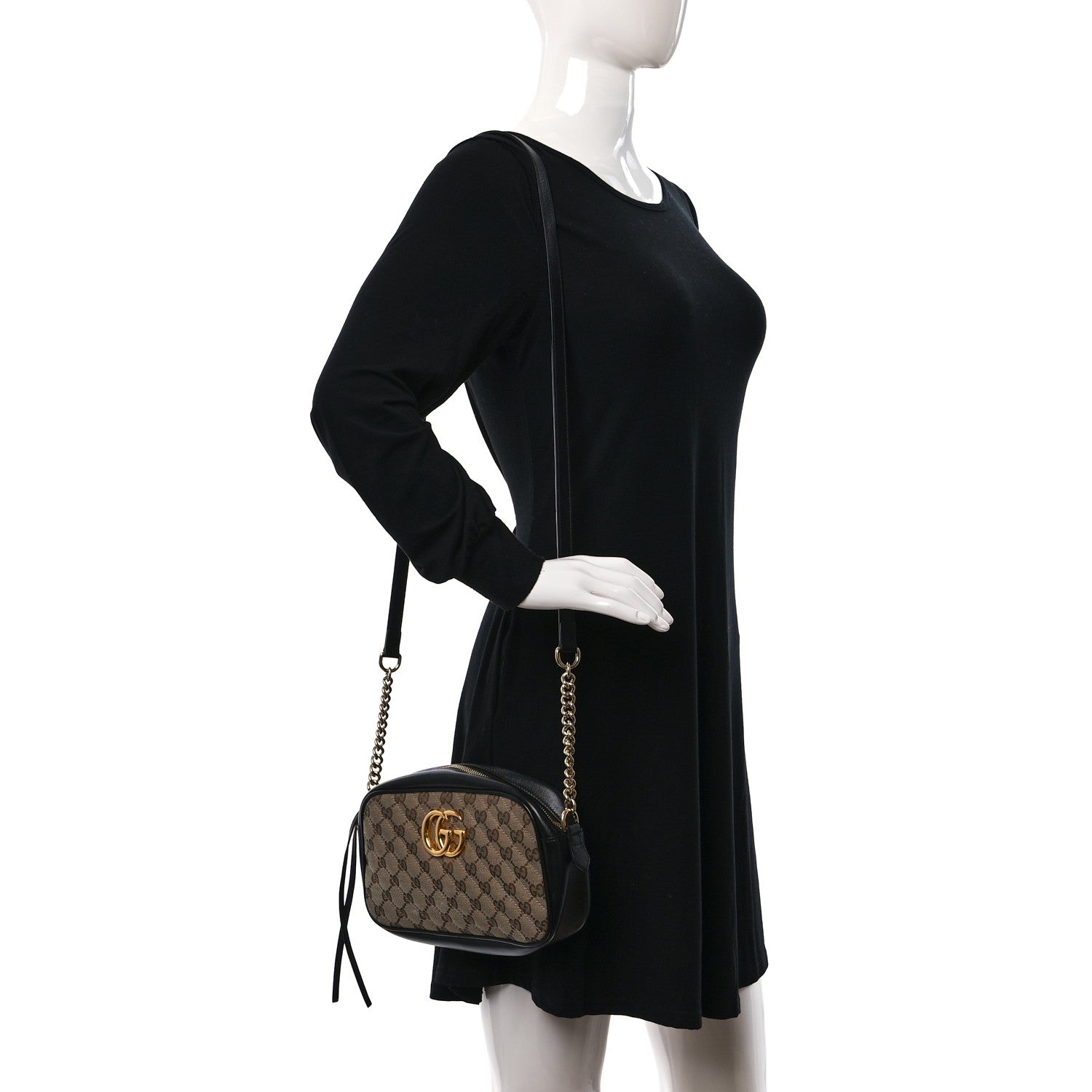 Gucci Monogram Matelasse Diagonal Small GG Marmont Chain Shoulder Bag Beige Black 2 of 10