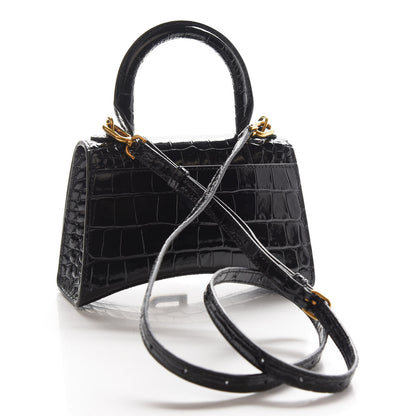 Balenciaga Shiny Calfskin Crocodile Embossed Hourglass Top Handle Bag XS Black 3 of 8