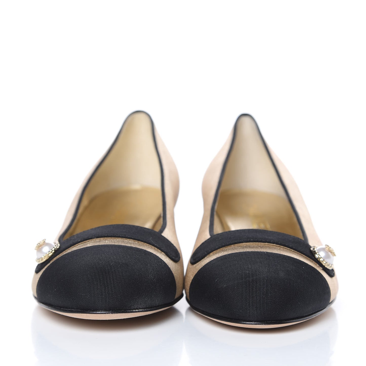 Metallic Lambskin Grosgrain Cap Toe Pearl Pumps 37.5 Gold Black