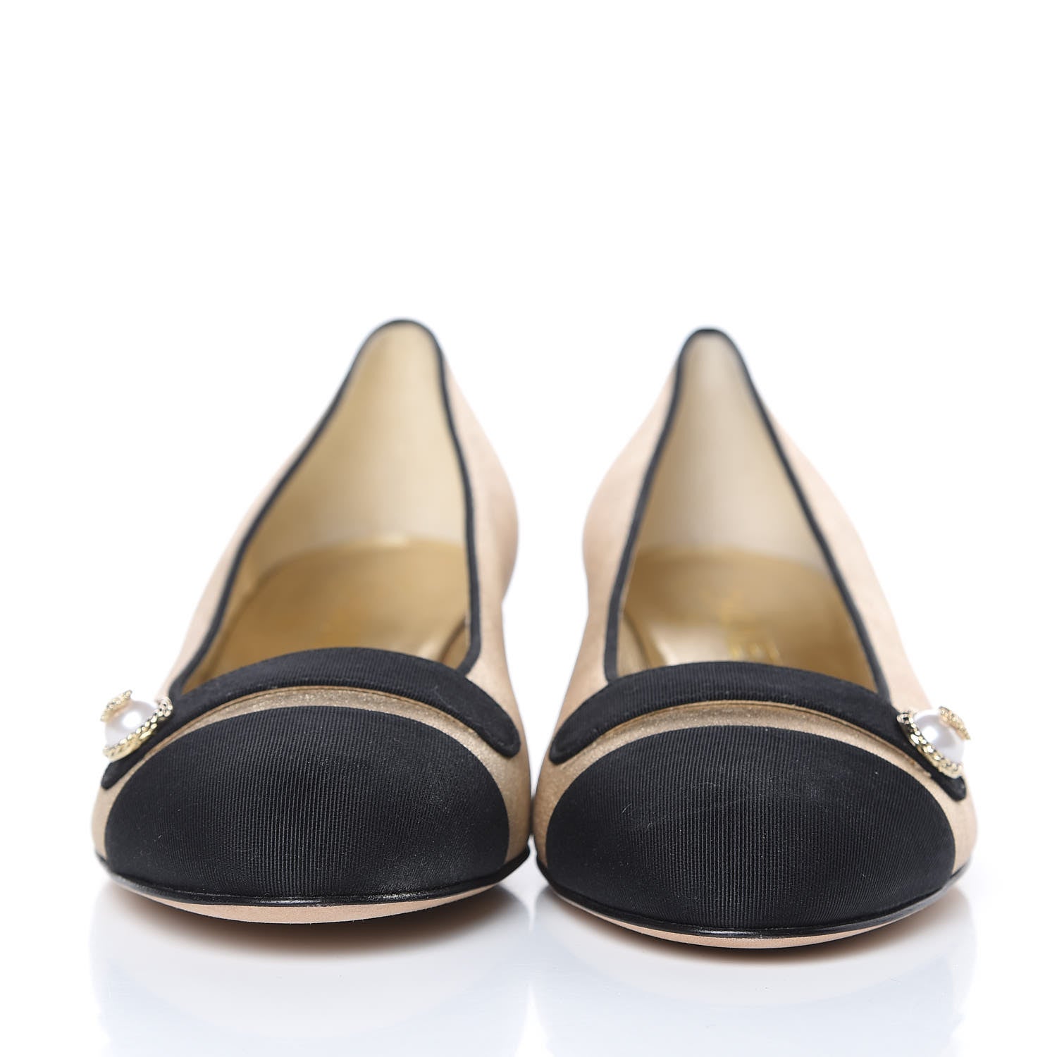 Chanel Metallic Lambskin Grosgrain Cap Toe Pearl Pumps 37.5 Gold Black 2 of 9