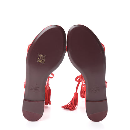 Valentino Garavani Suede Monochrome Rockstud Flair Ankle Wrap Flat Sandals 41 Red 6 of 6