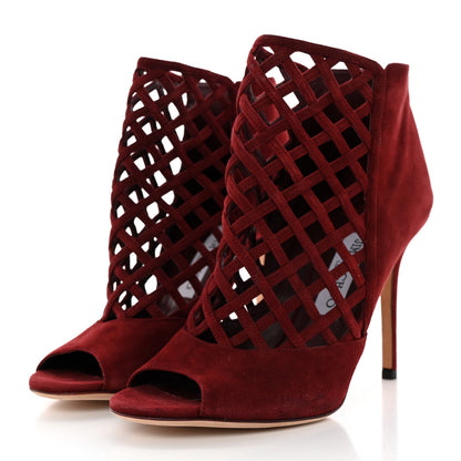 Jimmy Choo Suede Drift Cutout Peep Toe Ankle Boot 38.5 Burgundy 3 of 11