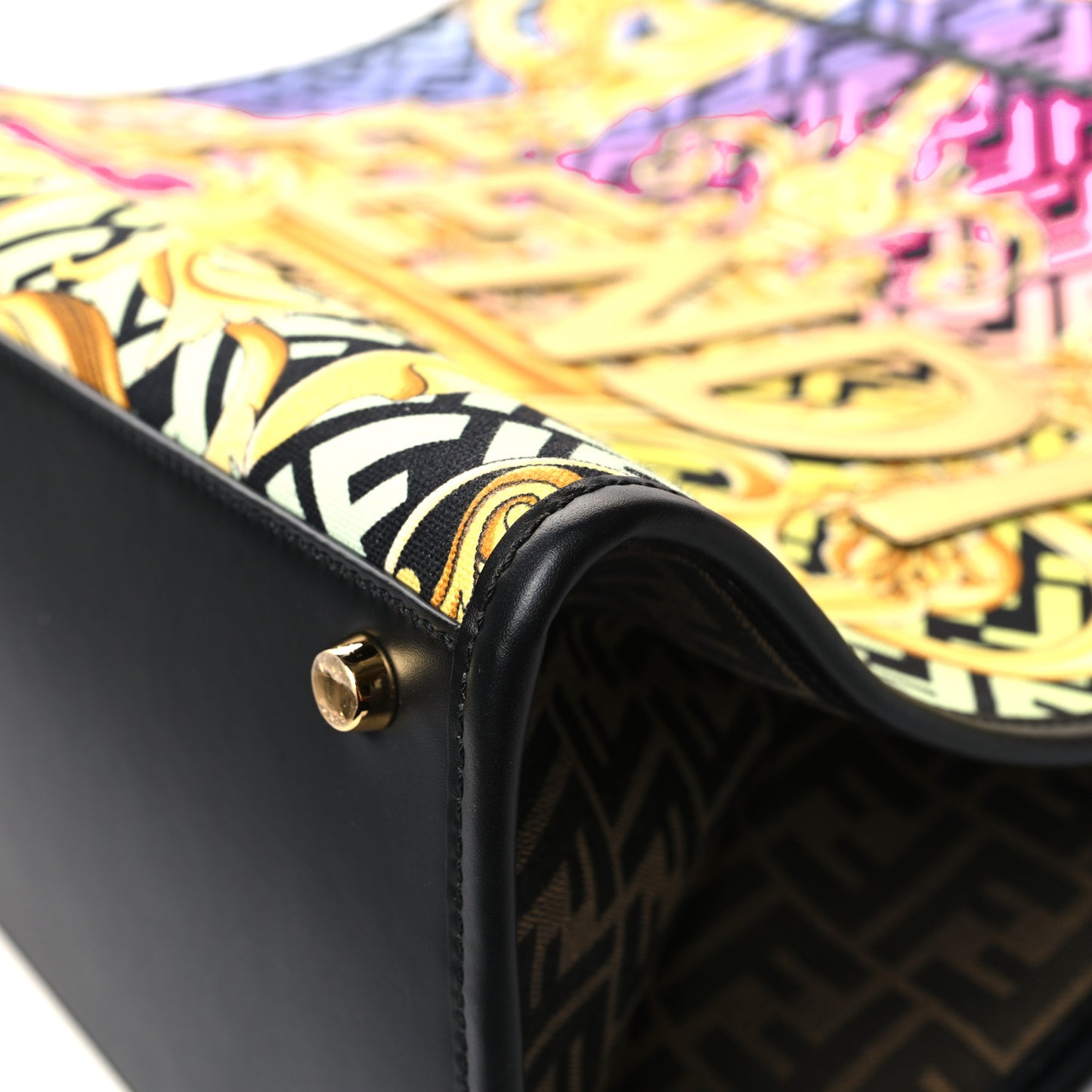 X VERSACE Canvas Printed Plexiglass Fendace FF Baroque XL Fendi Sunshine Shopper Tote Gold