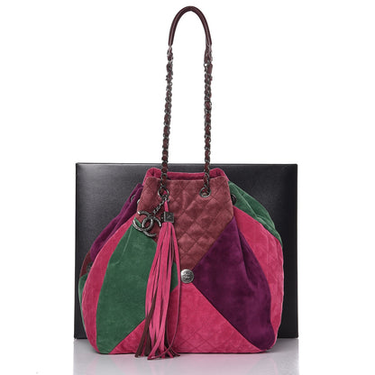 Chanel Suede Quilted Patchwork Drawstring Bag Green Pink Purple Burgundy 16 of 16