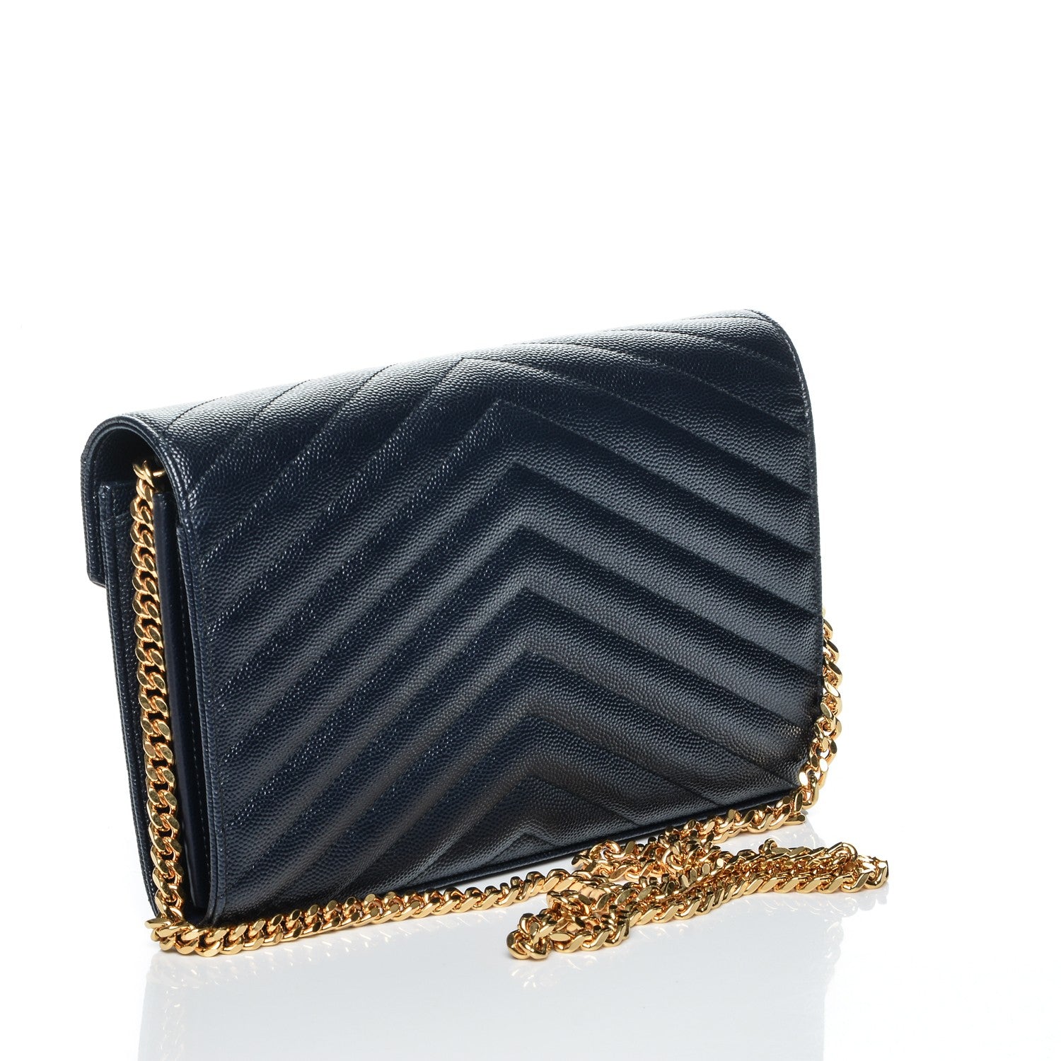 Saint Laurent Grain de Poudre Matelasse Chevron Medium Monogram Chain Wallet Navy 3 of 7