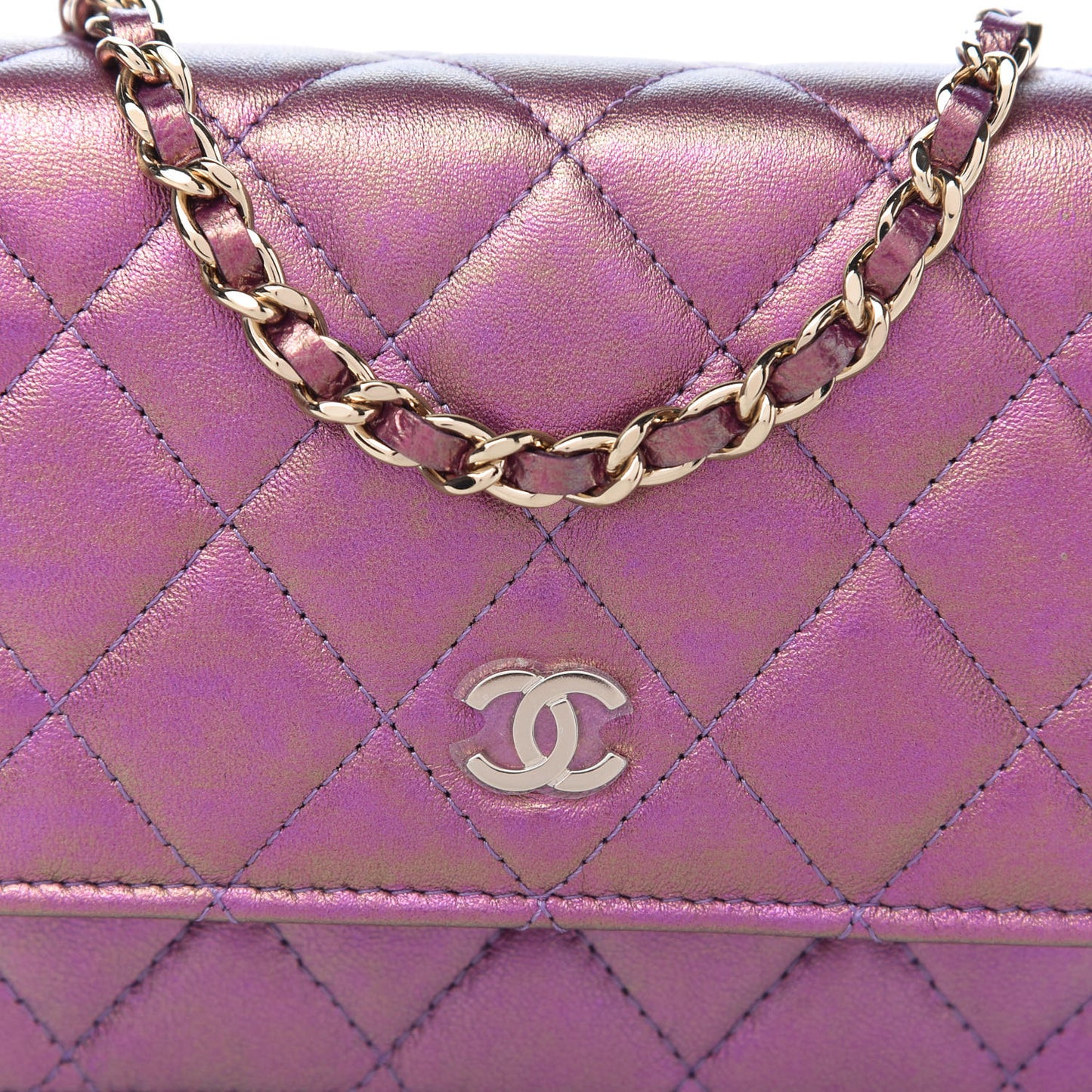 Iridescent Lambskin Quilted Mini Wallet On Chain WOC Purple