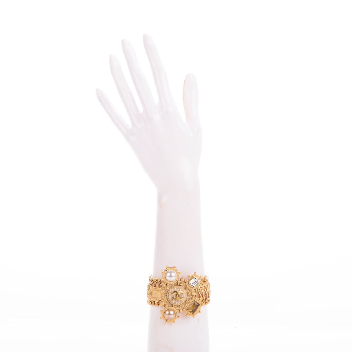Pearl Crystal Gripoix Poured Glass CC Bracelet Gold