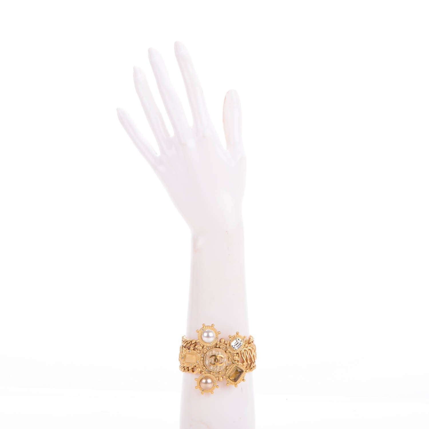 Chanel Pearl Crystal Gripoix Poured Glass CC Bracelet Gold 2 of 6