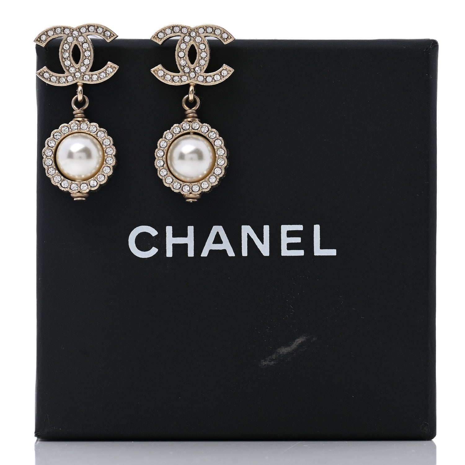 Chanel Crystal Pearl CC Drop Earrings Gold 5 of 5