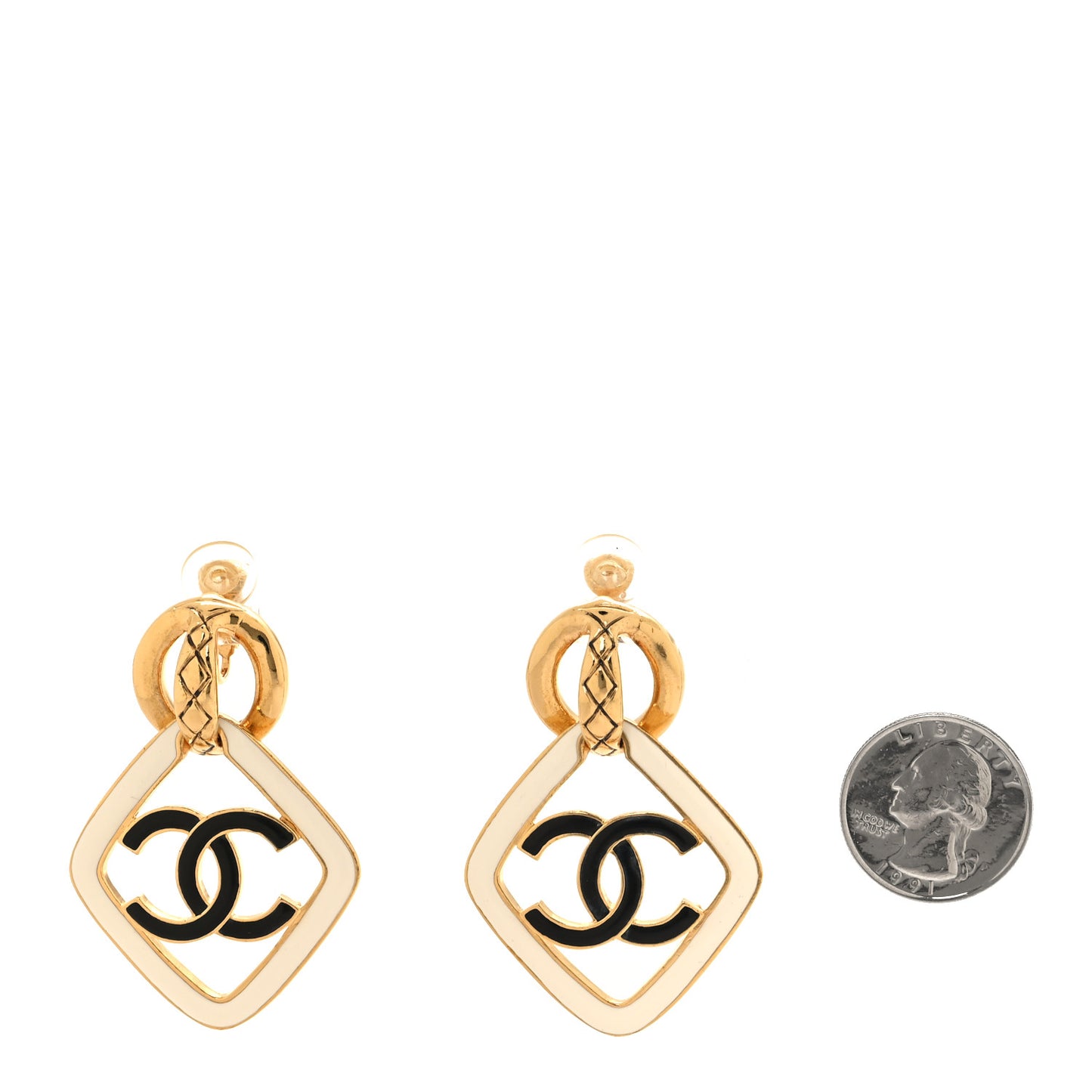 Enamel CC Drop Clip On Earrings Gold White Black