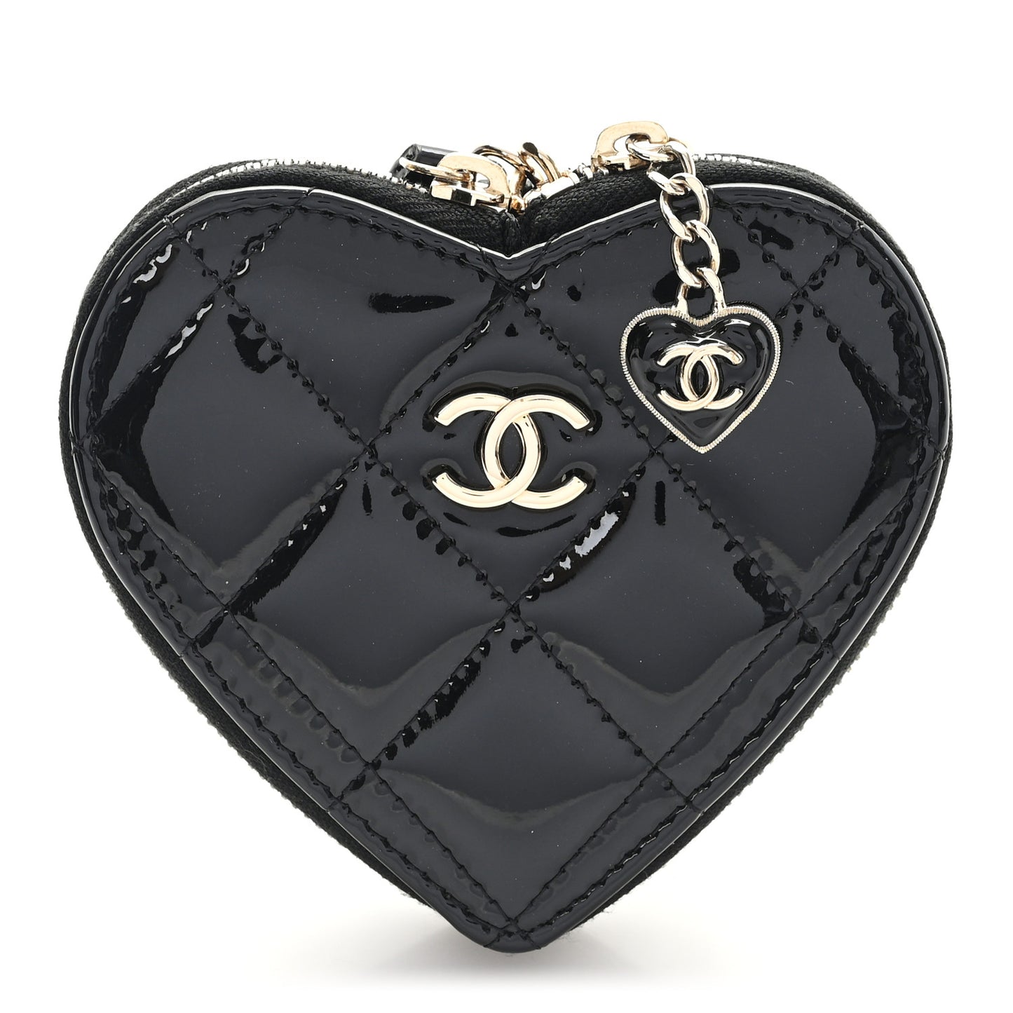 Patent Quilted Heart Zipped Coin Purse Black