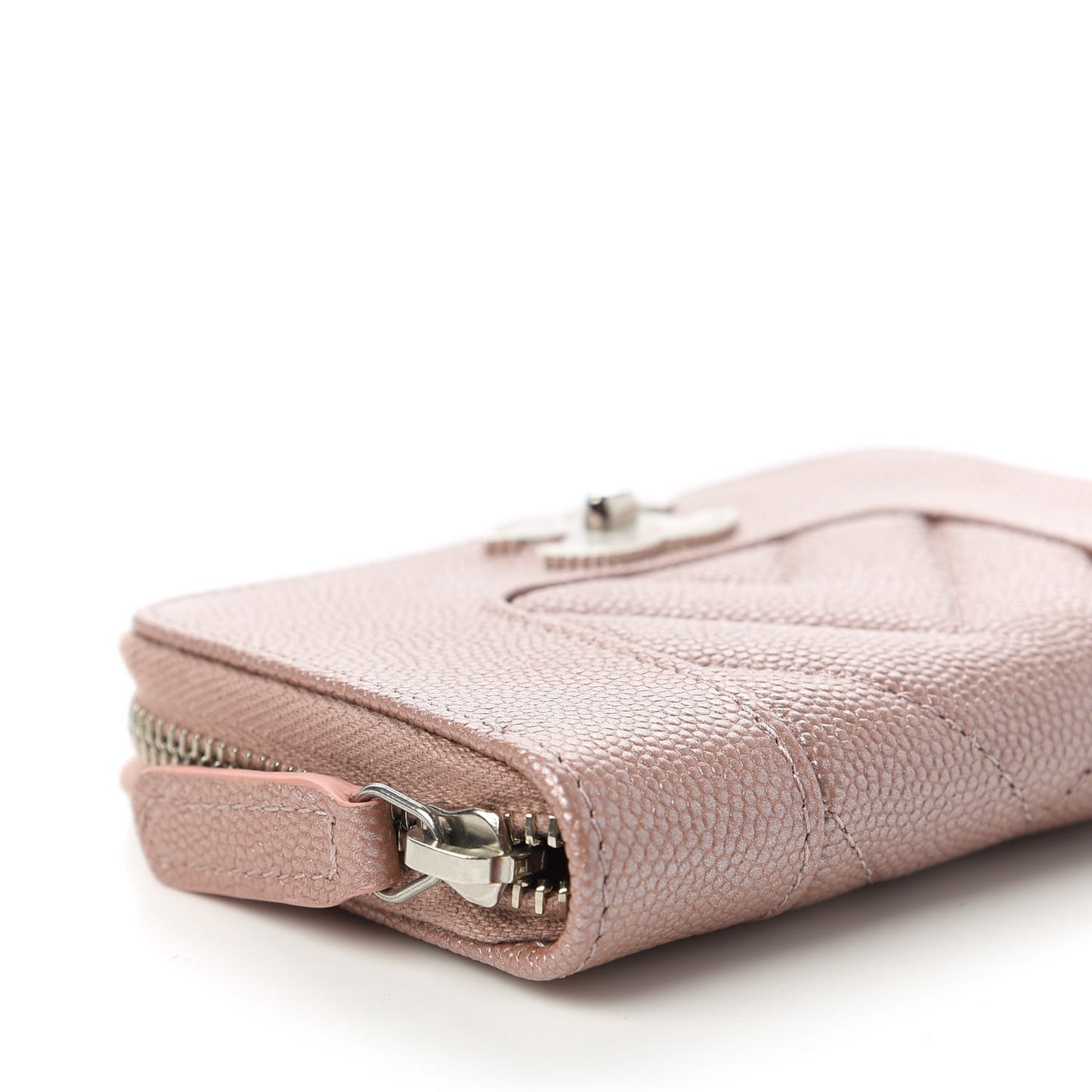 Metallic Caviar Chevron Quilted Vintage Mademoiselle Zip Coin Purse Pink