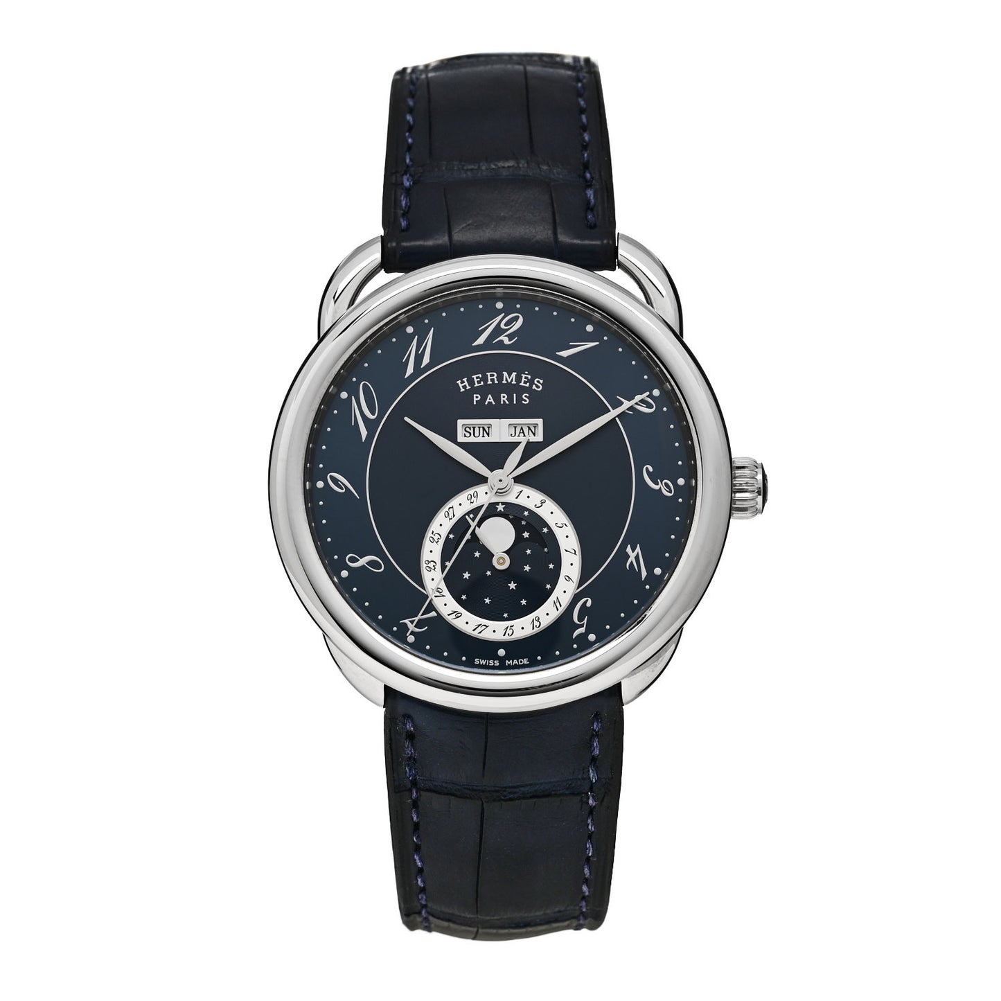 Stainless Steel Alligator 43mm Arceau Grande Lune Automatic Watch Bleu Abysse