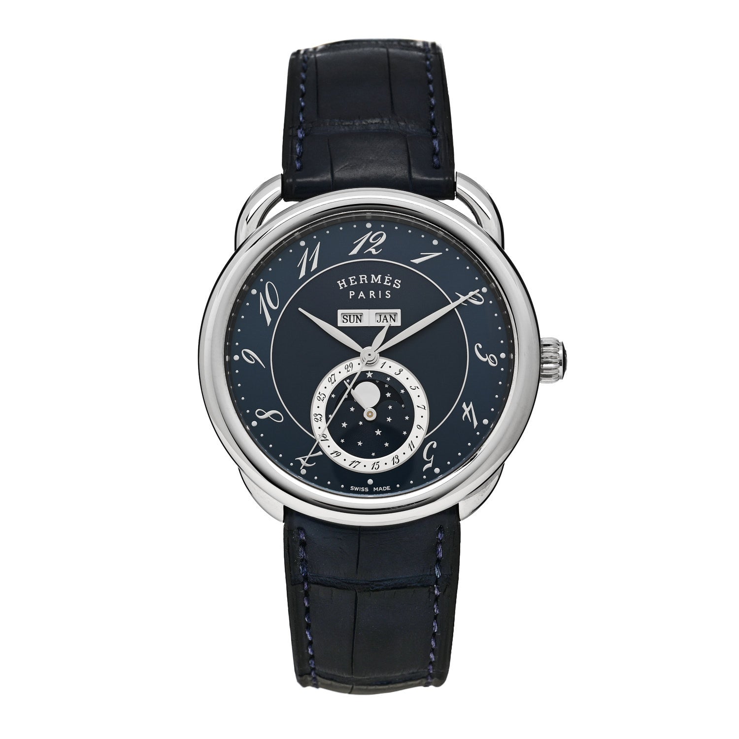 Hermes Stainless Steel Alligator 43mm Arceau Grande Lune Automatic Watch Bleu Abysse 1 of 5