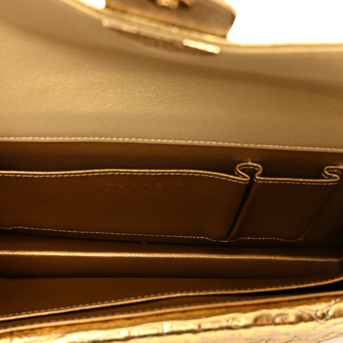 Metallic Calfskin Crocodile Embossed Cocodile Clutch Gold