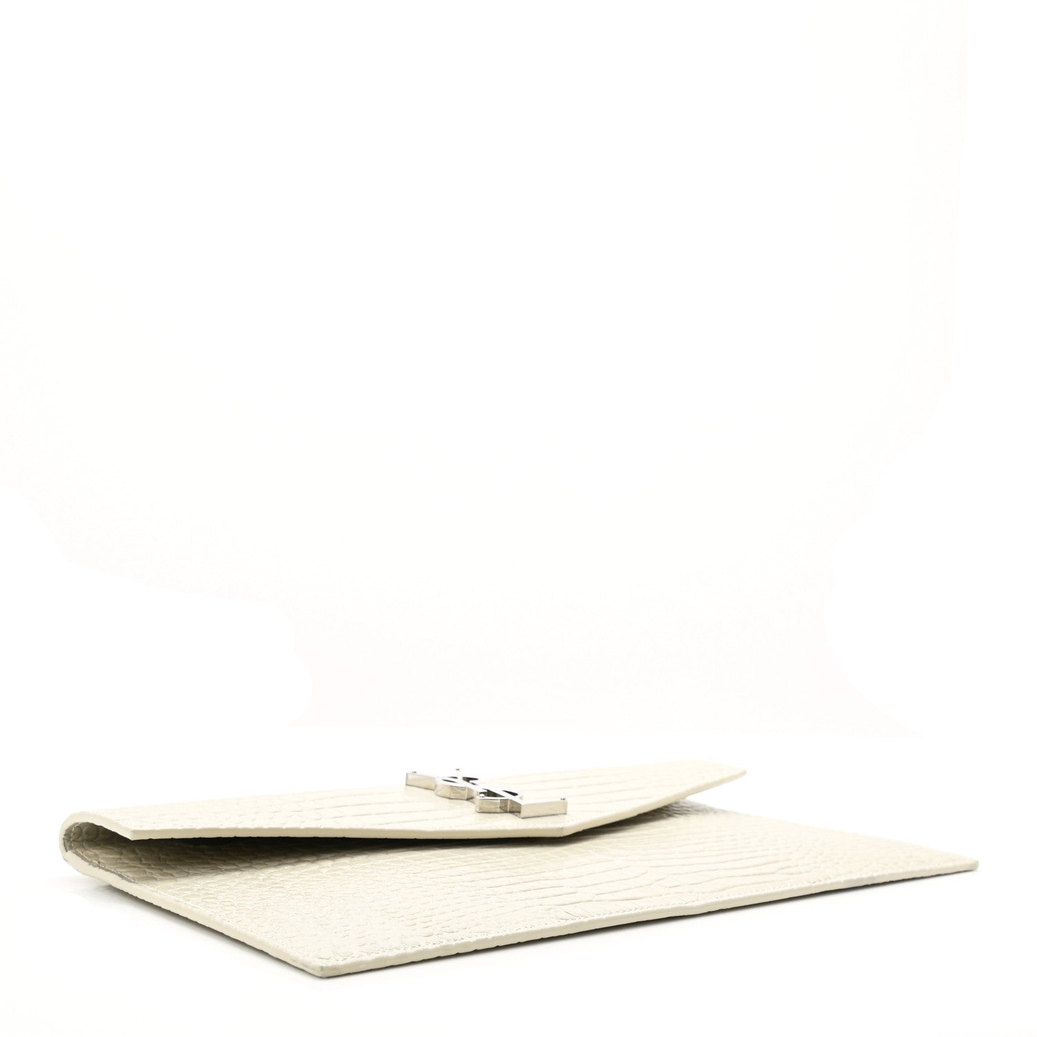 Saint Laurent Calfskin Crocodile Embossed Uptown Monogram Pouch Crema Soft 4 of 7